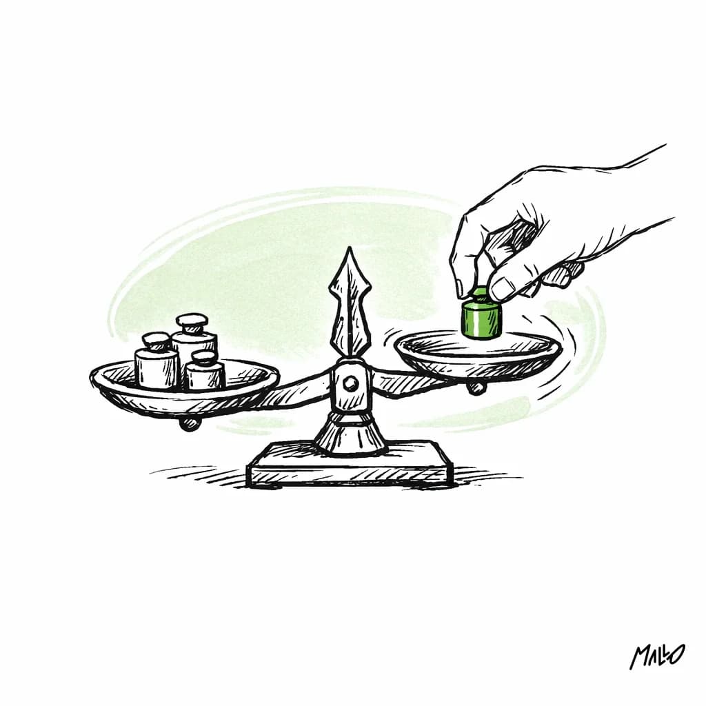 Illustration d'une balance à plateaux sur laquelle une main pose de petits poids, image de l'évaluation des agents IA WhatsApp