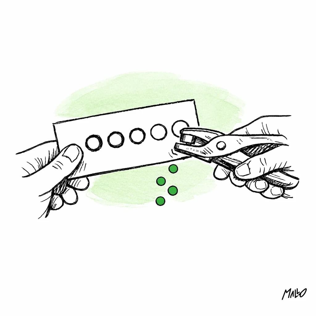 Illustration d'une carte à poinçonner dont chaque trou représente une étape après le rendez-vous : visite, documents, avis, parrainage