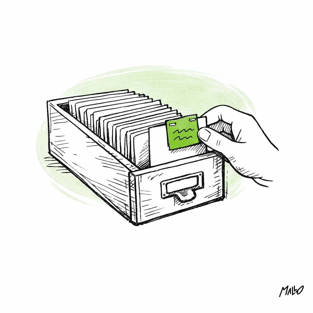 Illustration d'une main qui range une fiche prospect dans un tiroir de classeur, avec une note de résumé agrafée
