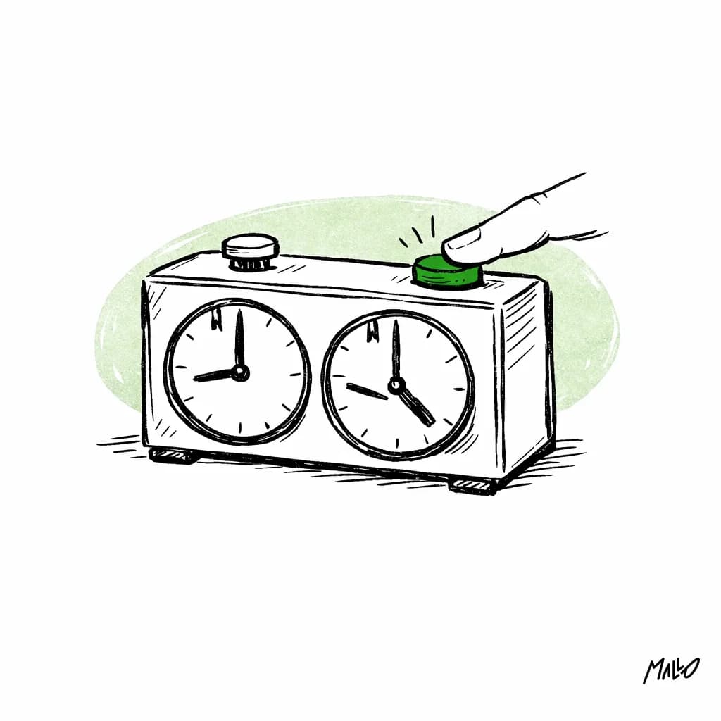 Illustration d'une pendule d'échecs dont une main appuie sur le bouton, image du rythme de réponse d'un setter IA