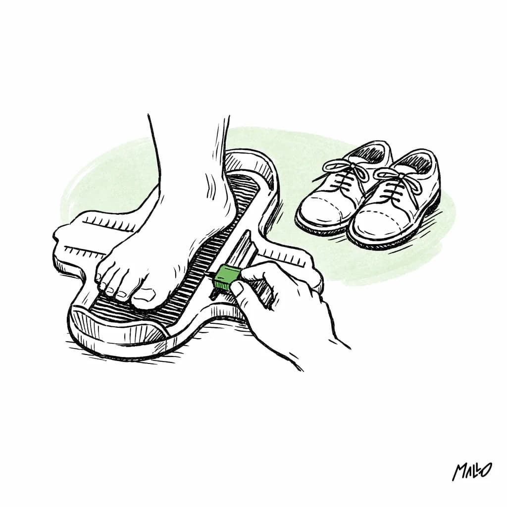 Illustration d'un mesureur de pointure de magasin de chaussures avec un pied posé, image du choix du setter IA adapté à son profil