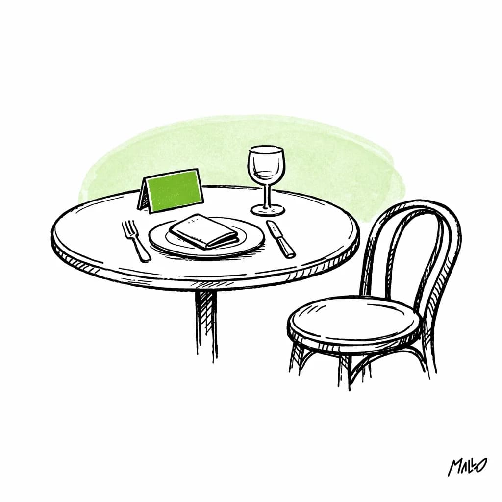 Illustration d'une table de restaurant dressée avec un chevalet de réservation et une chaise tirée, en attente du prospect