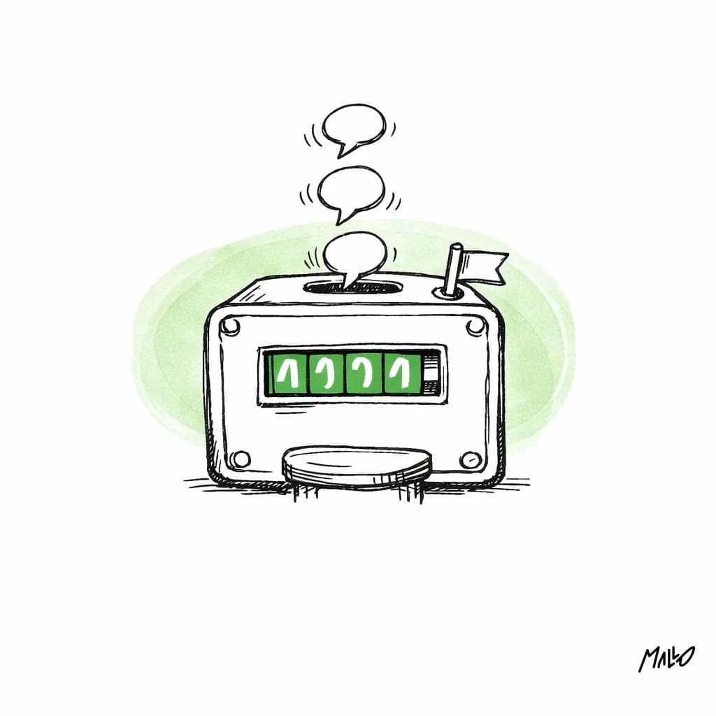 Illustration d'un compteur de taxi alimenté par des bulles de message, image de la facturation au crédit d'un assistant WhatsApp
