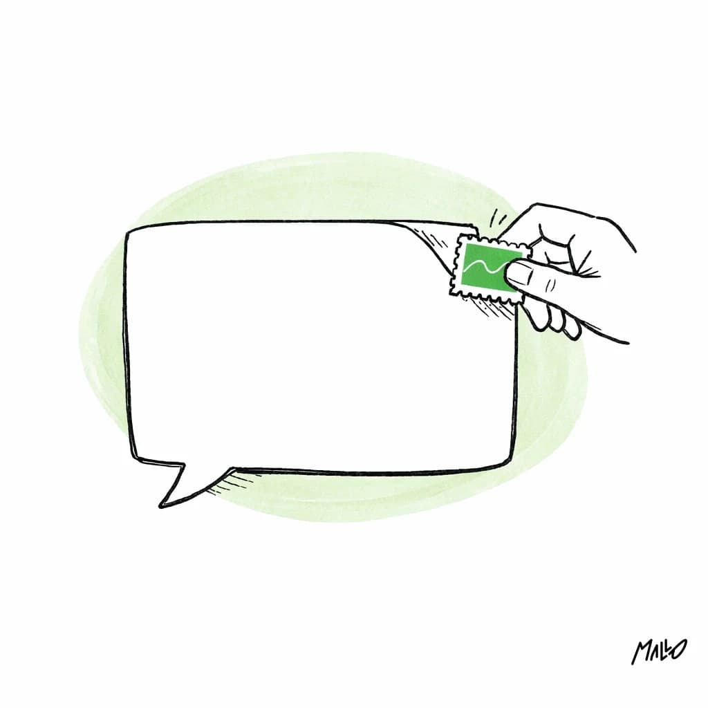 Illustration d'une main qui colle un timbre sur une bulle de message, image de la facturation au message de WhatsApp depuis octobre 2026