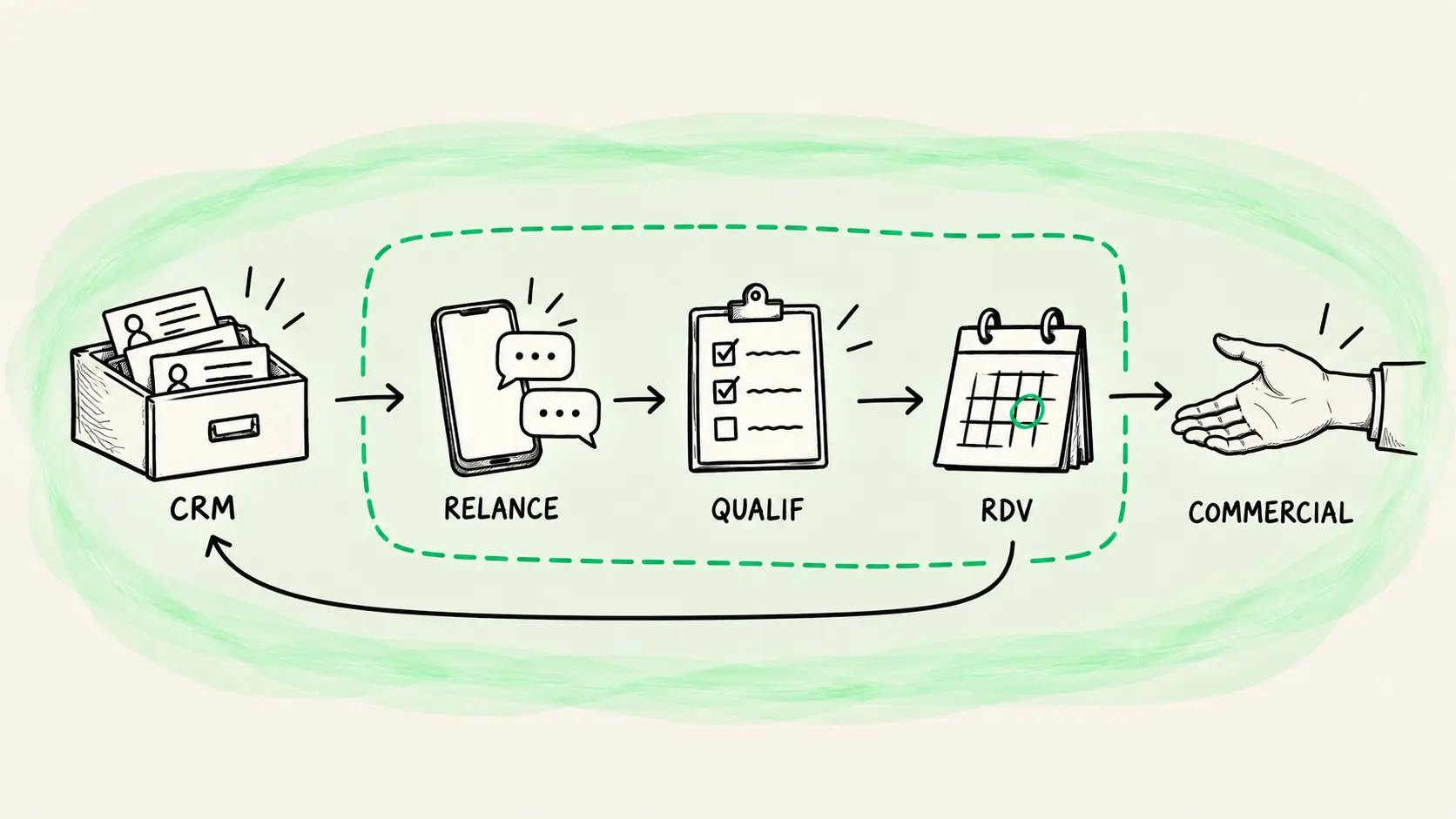 Schéma d'un workflow de réactivation automatisée : extraction du segment depuis le CRM, séquence WhatsApp, qualification conversationnelle par agent IA, prise de rendez-vous et mise à jour du statut dans le CRM