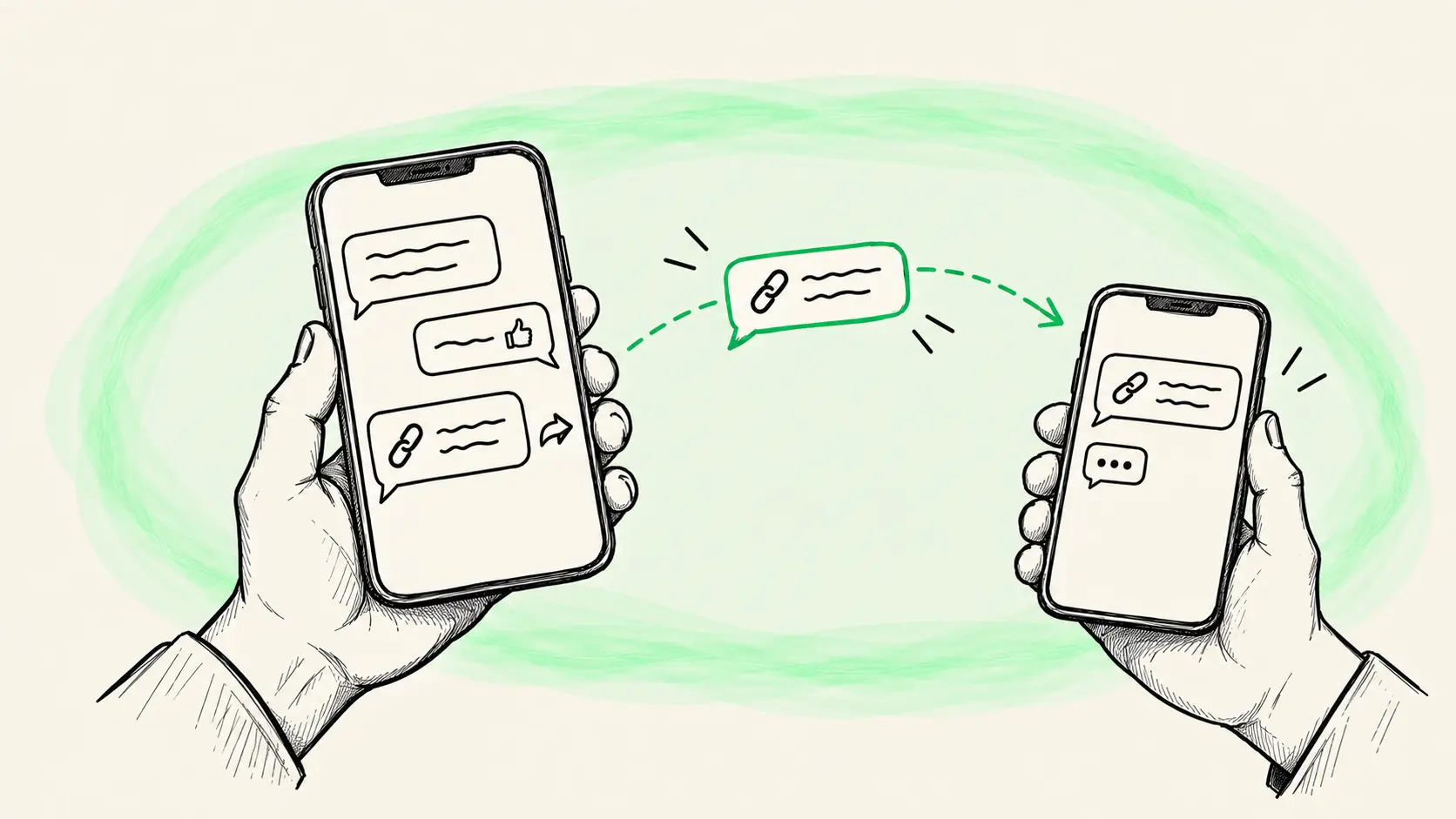 Illustration d'une conversation WhatsApp de parrainage : message de demande après la mise en service, réponse du client et transfert de l'invitation à un proche