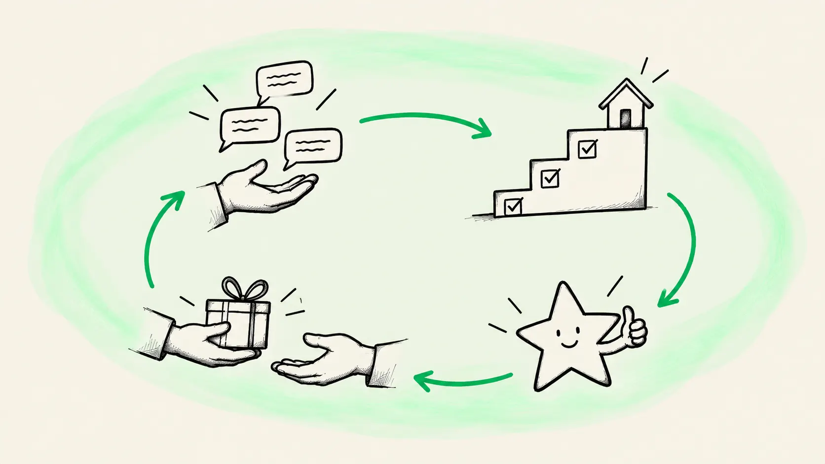 Illustration du cycle commercial complet automatisé par un setter IA : lead reçu, qualification, rendez-vous, relances, suivi post-installation, avis client et parrainage